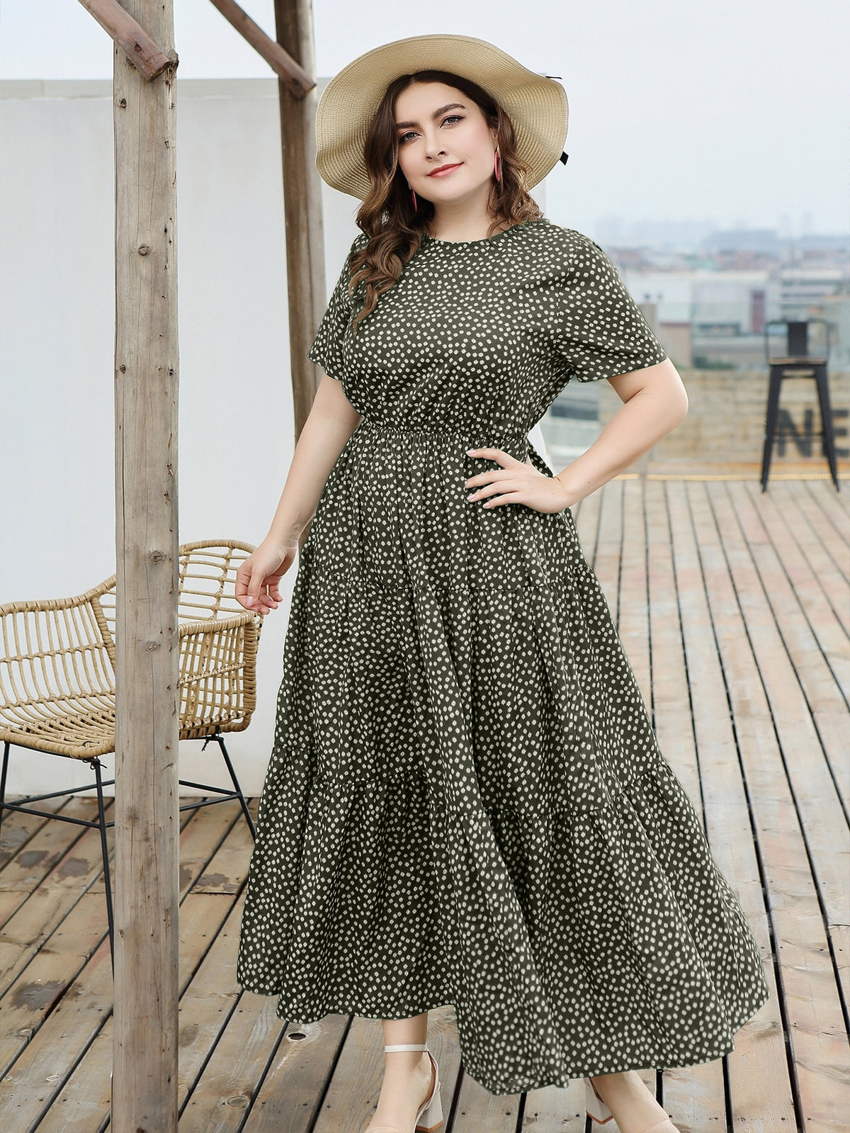 Plus Floral Swing Dress with Ruffle Hem -
