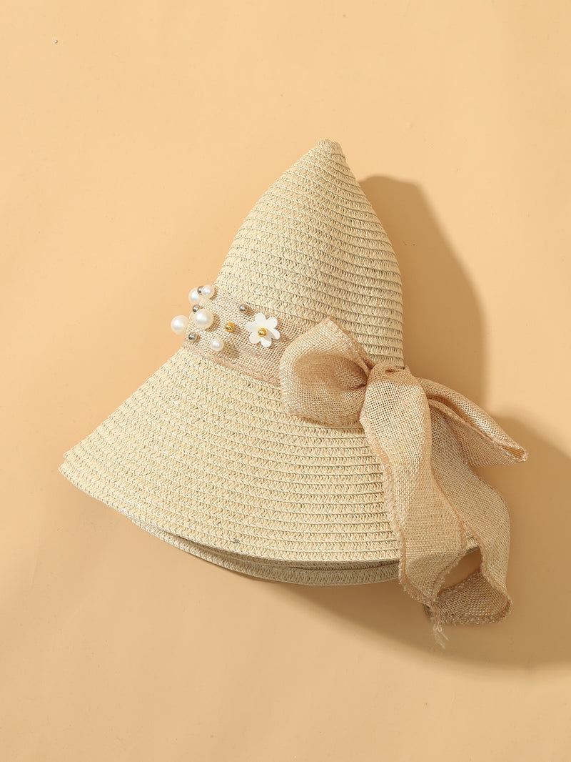 Straw Hat with Pretty Faux Pearl &amp; Flowers - 