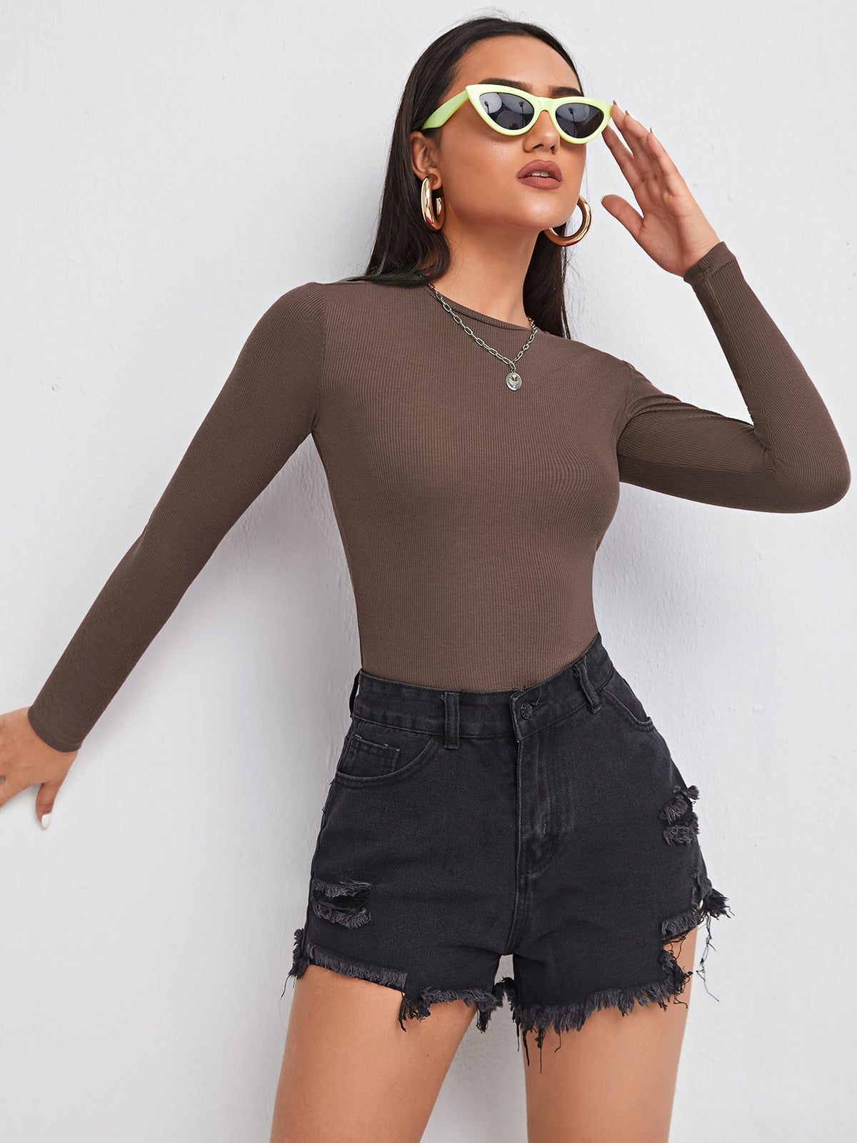 Rib-Knit Fitted Tee - Chocolate Brown / XL