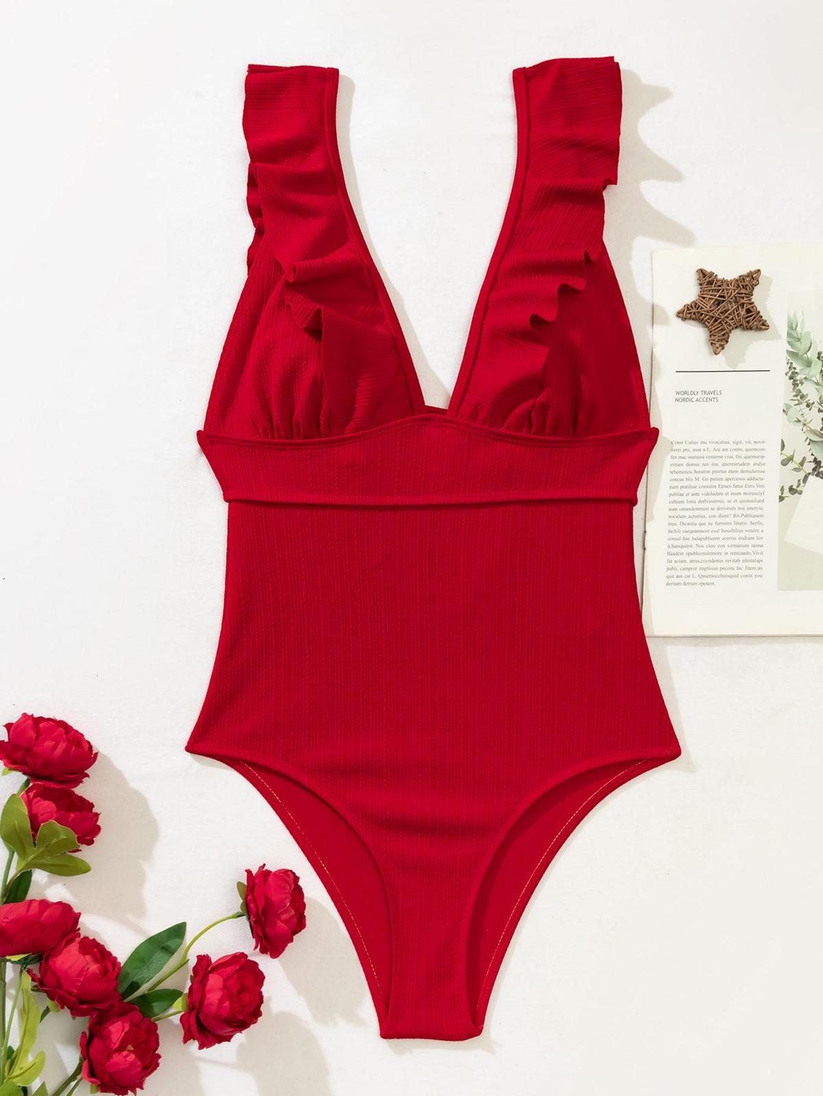 Ruffle Trim Textured One Piece Swimsuit -
