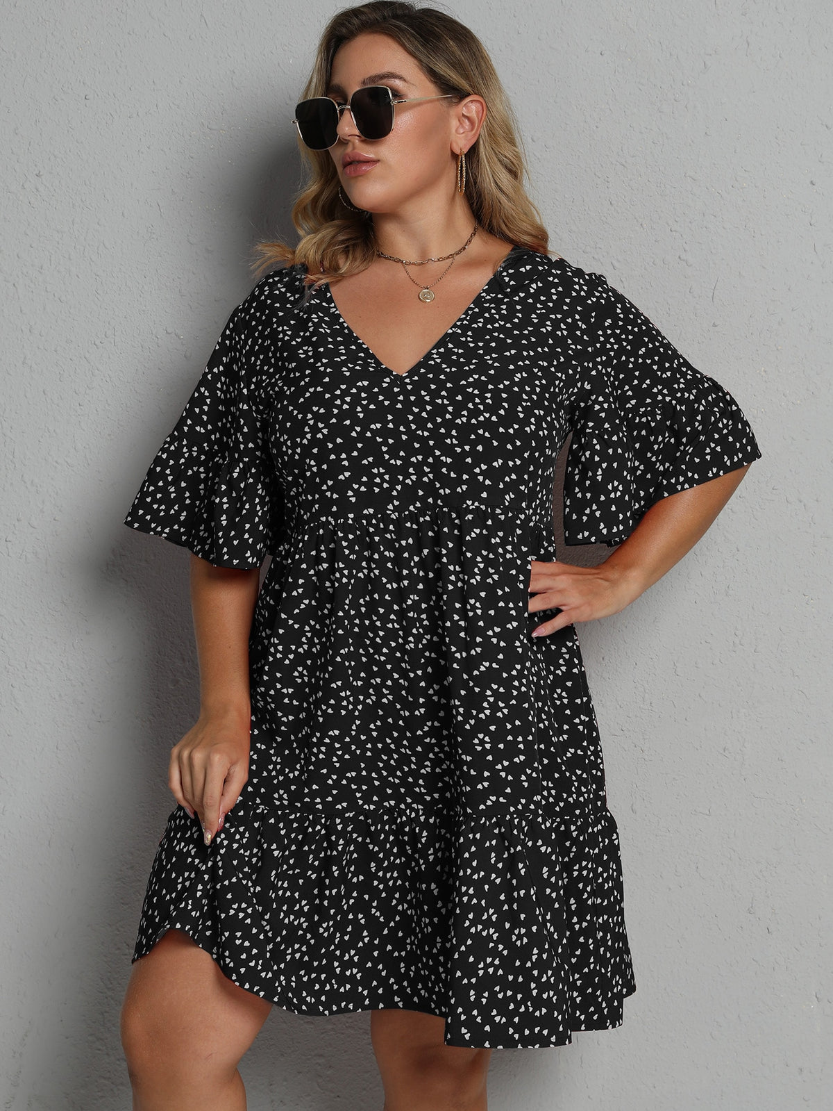 Plus Heart Print Smock Dress - Black / 4XL
