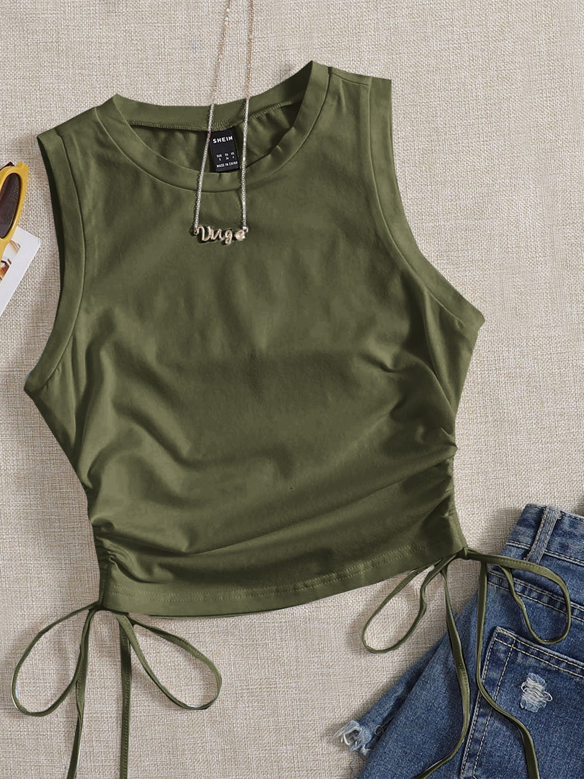 Crop Tank Top with Drawstring Side -