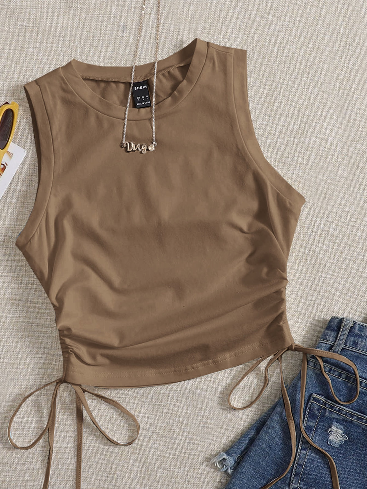 Crop Tank Top with Drawstring Side - Mocha Brown / XL