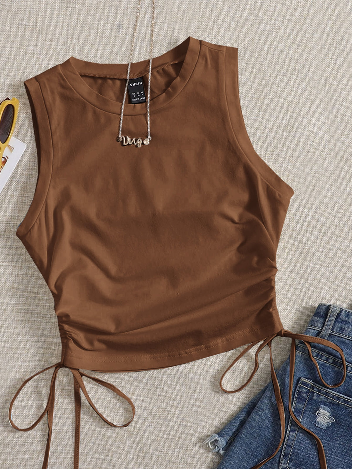 Crop Tank Top with Drawstring Side - Brown / XL