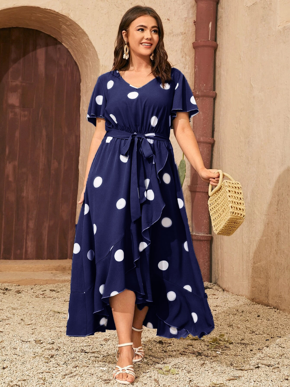 Plus Printed Polka Dot Dress with Belt