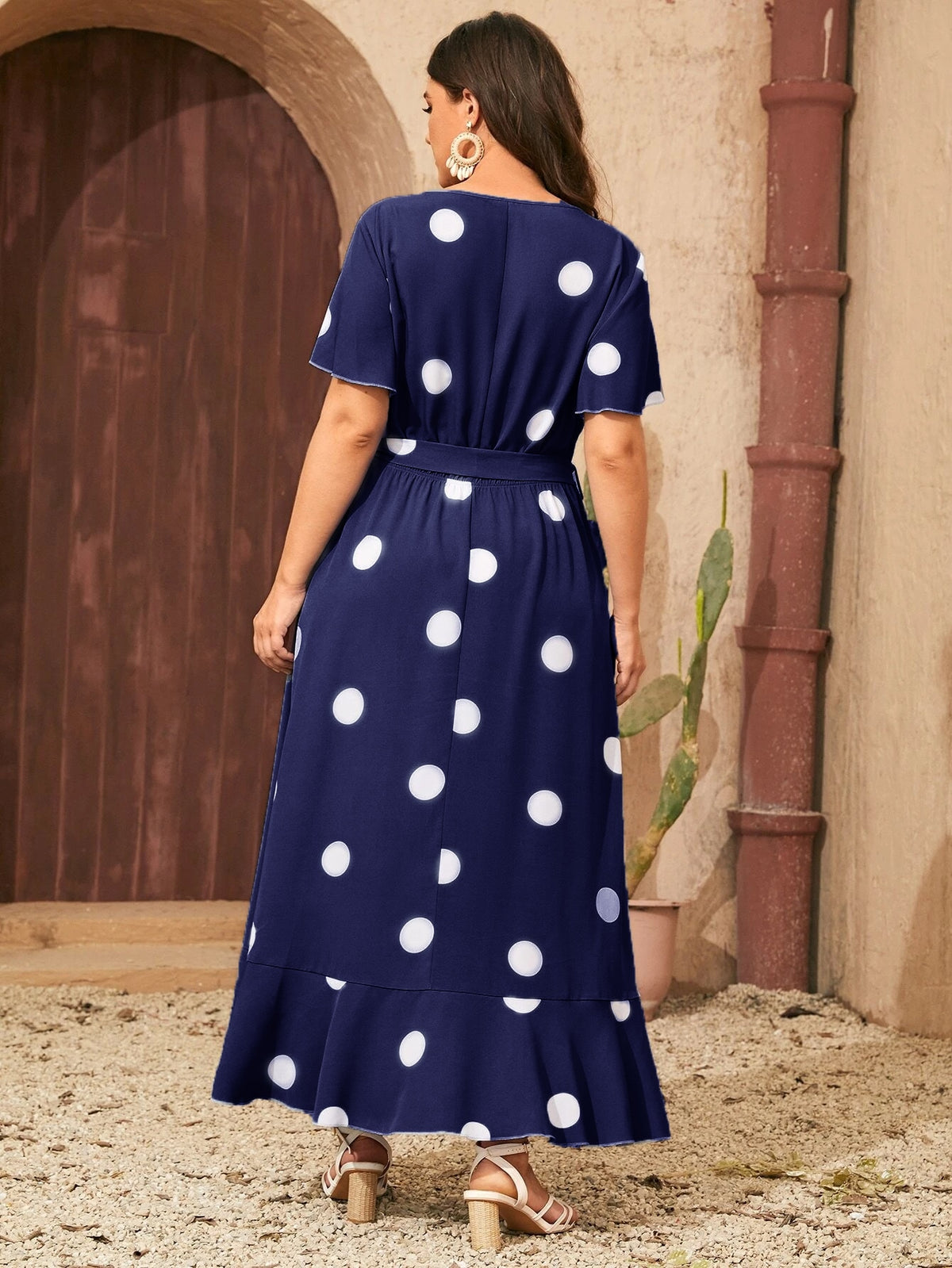 Plus Printed Polka Dot Dress with Belt