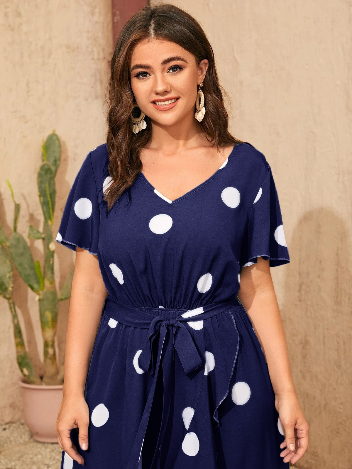 Plus Printed Polka Dot Dress with Belt