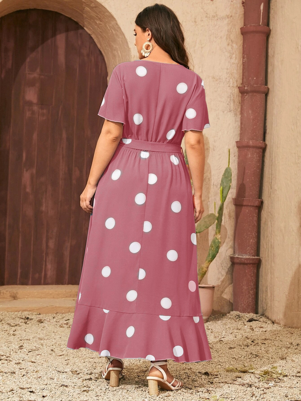 Plus Printed Polka Dot Dress with Belt