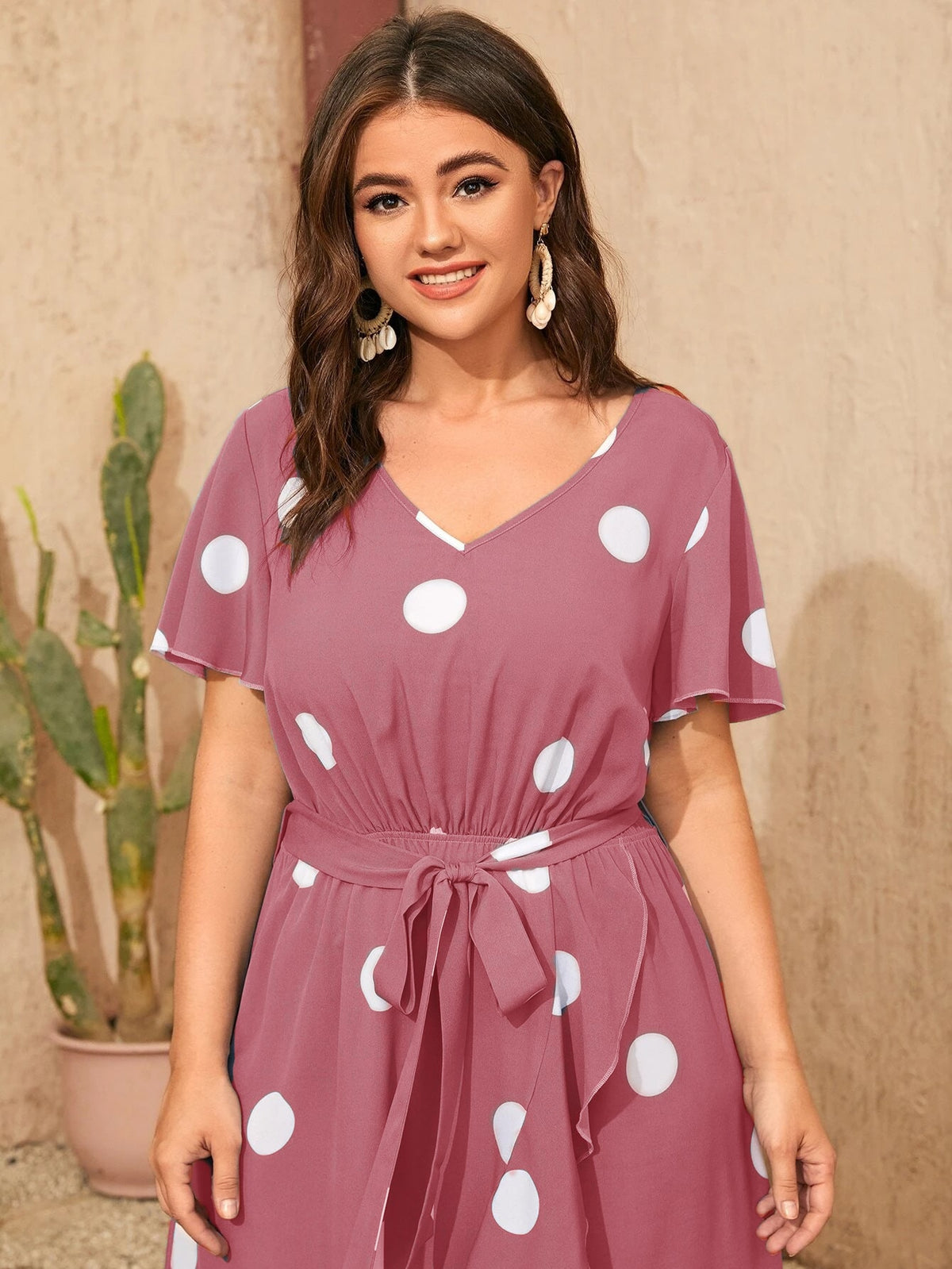 Plus Printed Polka Dot Dress with Belt