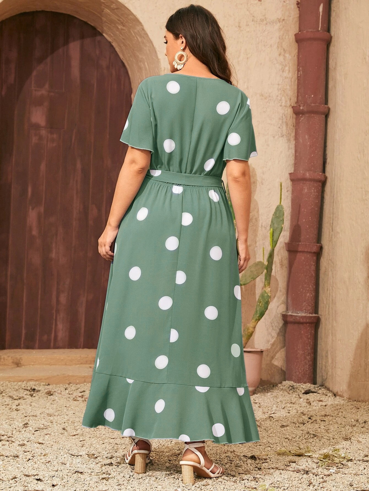 Plus Printed Polka Dot Dress with Belt