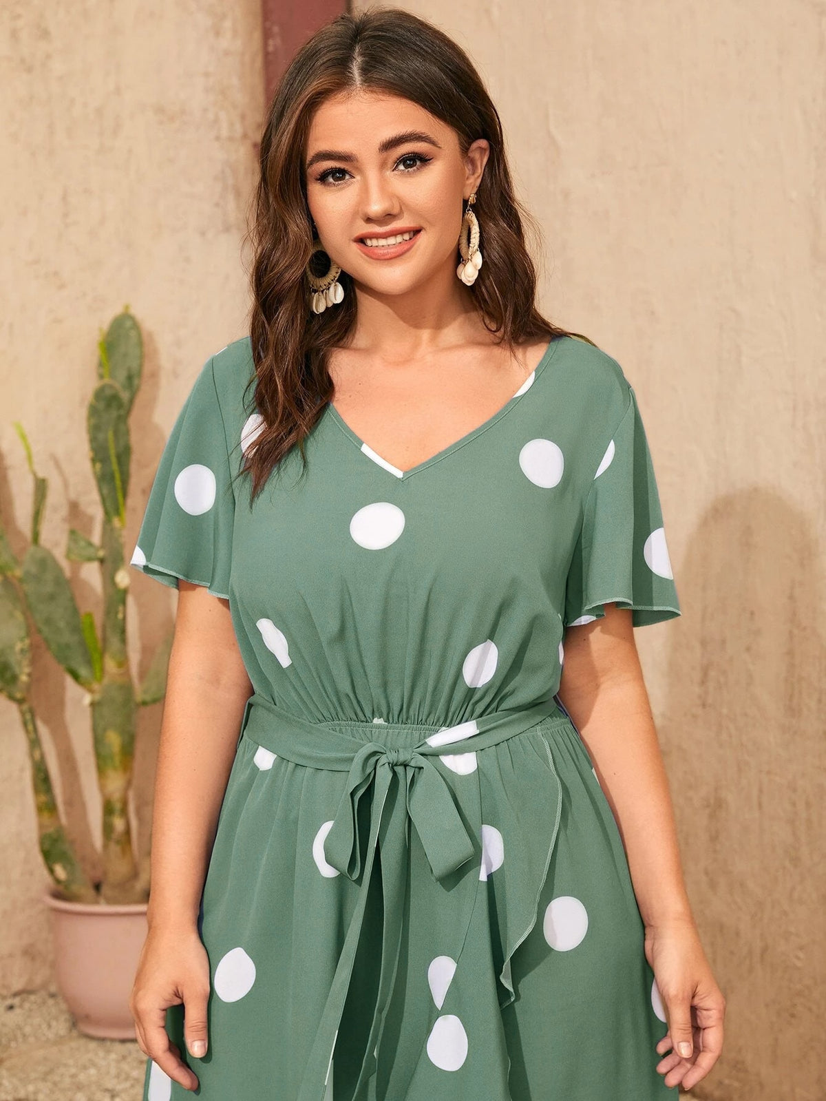 Plus Printed Polka Dot Dress with Belt