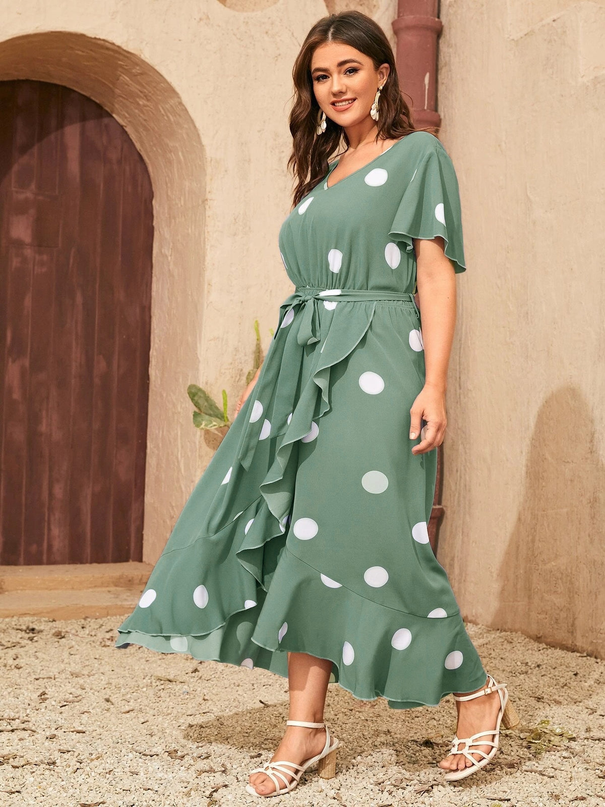 Plus Printed Polka Dot Dress with Belt