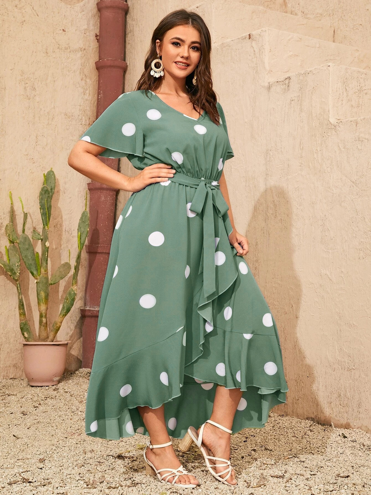 Plus Printed Polka Dot Dress with Belt
