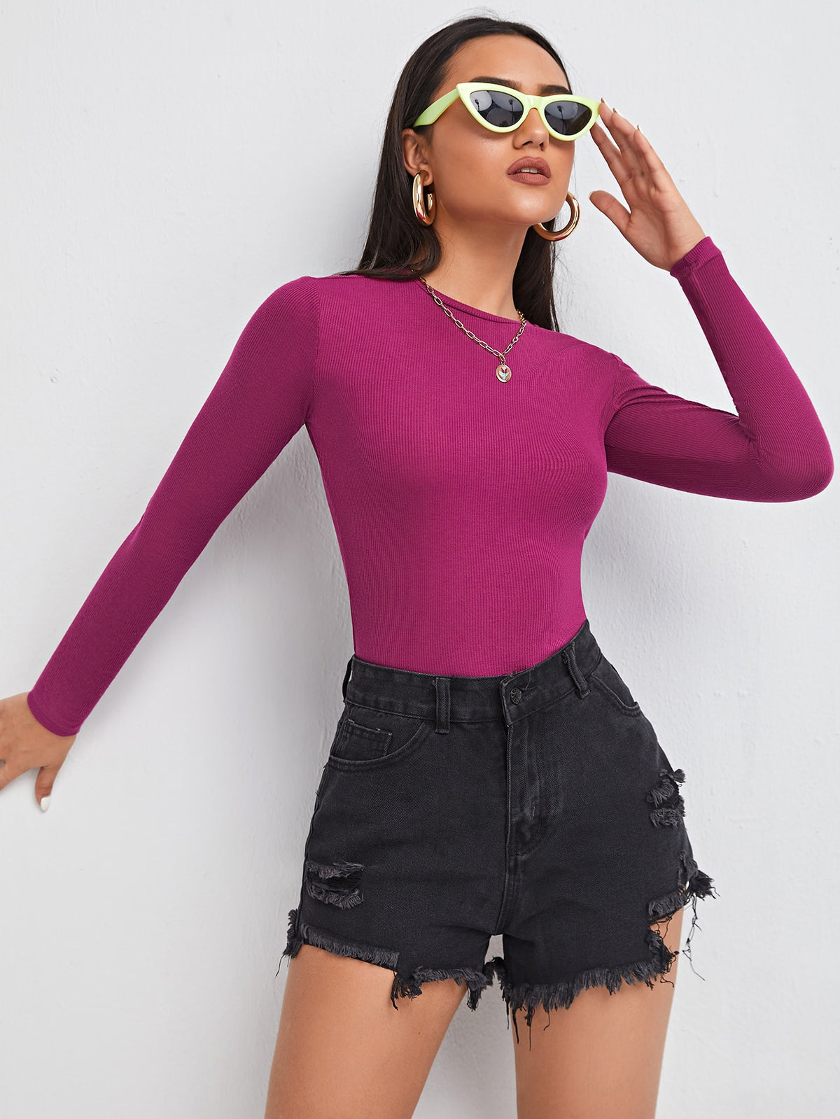 Rib-Knit Fitted Tee - Red Violet / XL