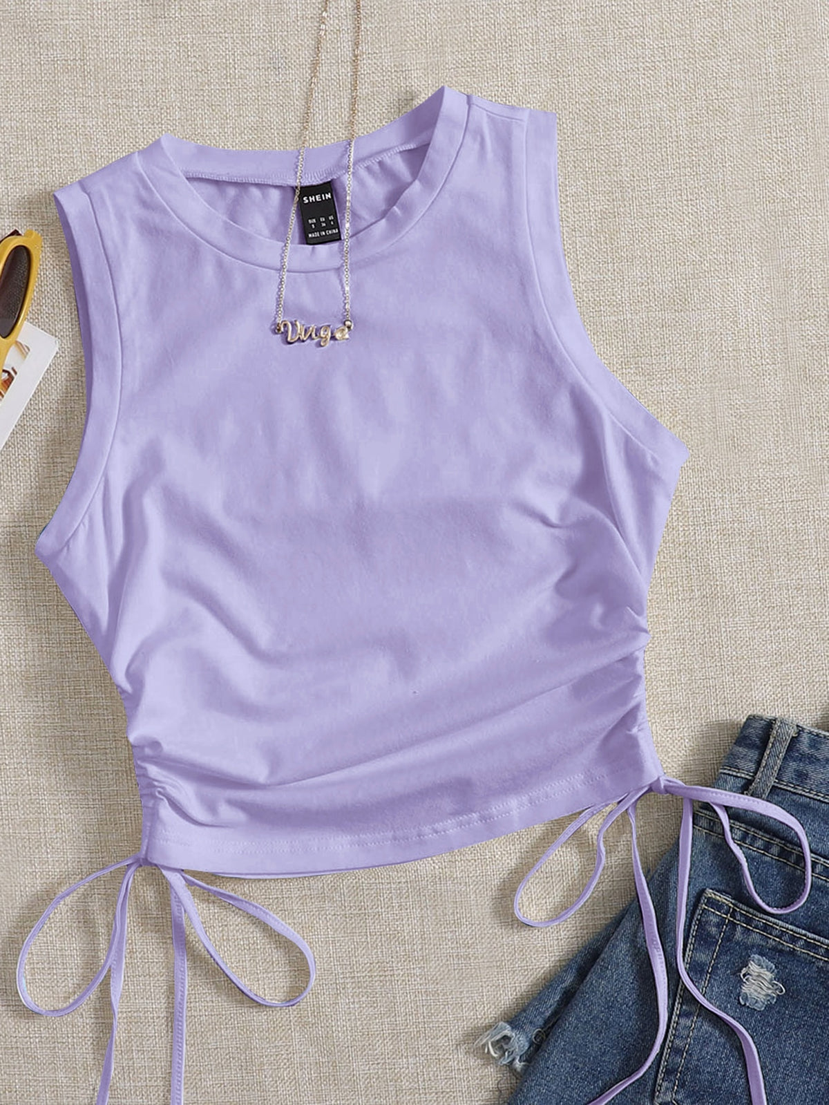 Crop Tank Top with Drawstring Side - Lilac Purple / XL