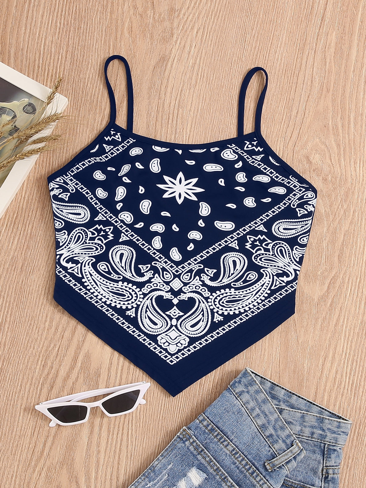 Paisley Cami with Hanky Hem - Navy Blue / XL