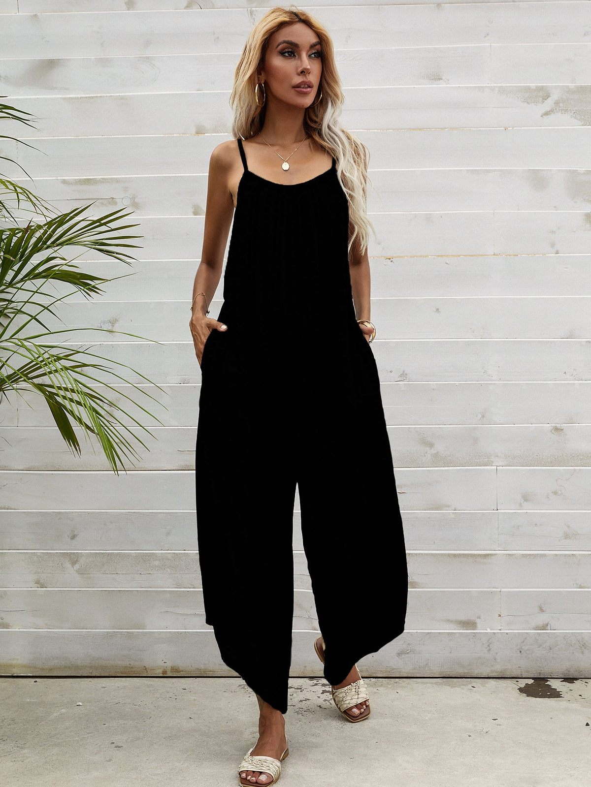 Cami Jumpsuit with Asymmetrical Hem - Black / XXL
