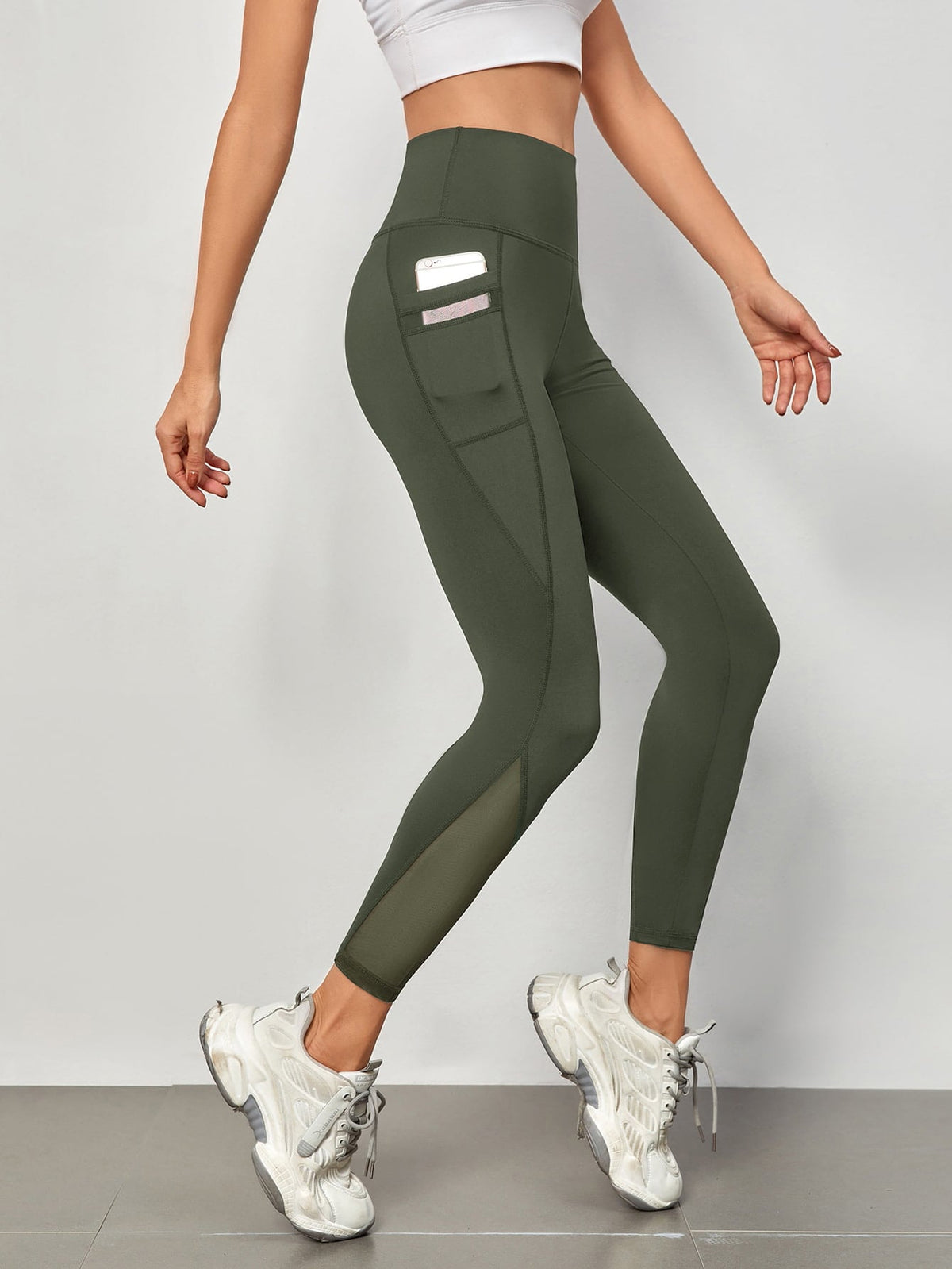 Mesh Panels Sports Leggings With Phone Pocket -