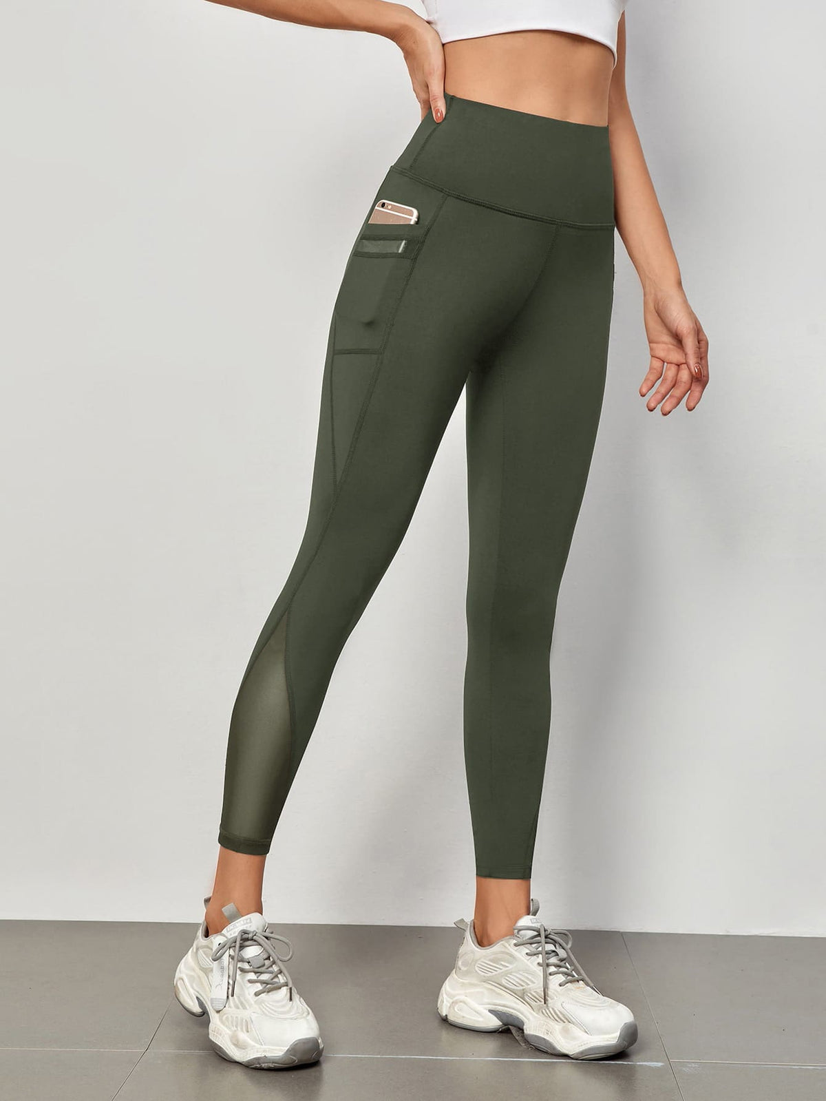 Mesh Panels Sports Leggings With Phone Pocket -