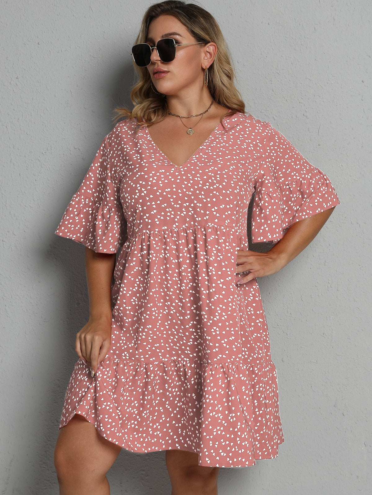 Plus Heart Print Smock Dress - Pink / 4XL