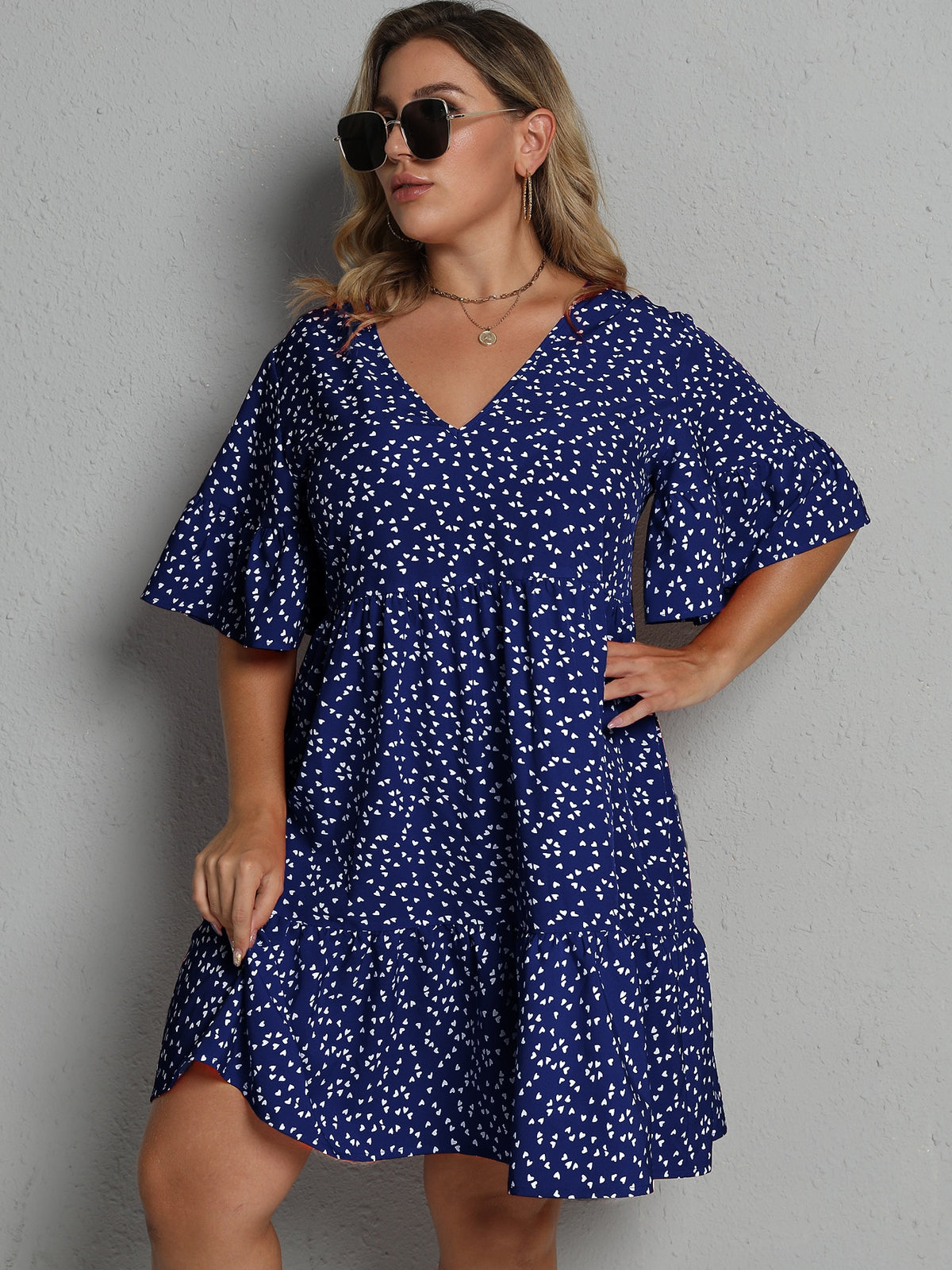 Plus Heart Print Smock Dress - Royal Blue / 4XL