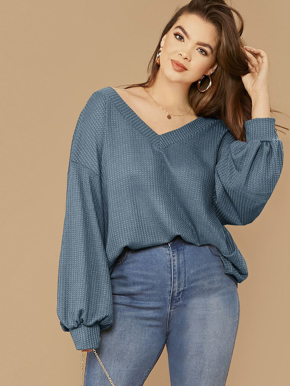 Plus Size Drop Shoulder Waffle Knit Top with Lantern Sleeve - Dusty Blue / 4XL