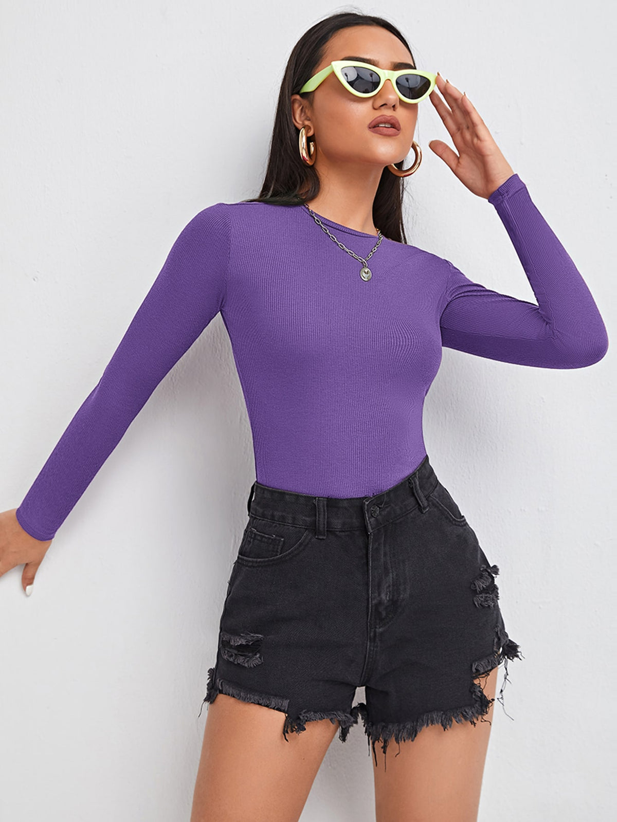 Rib-Knit Fitted Tee - Violet Purple / XL