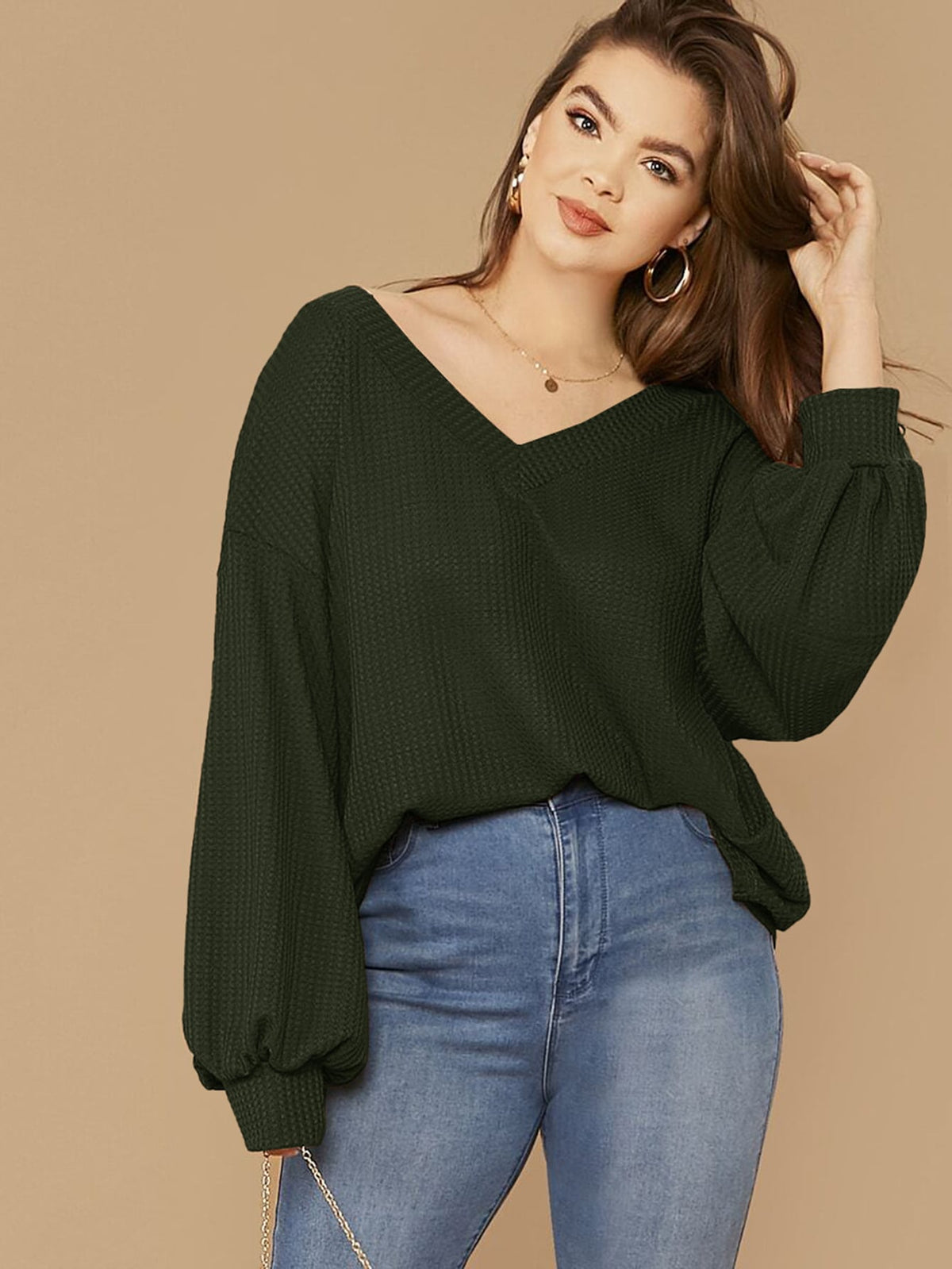 Plus Size Waffle Knit Top - Dark Green / 4XL