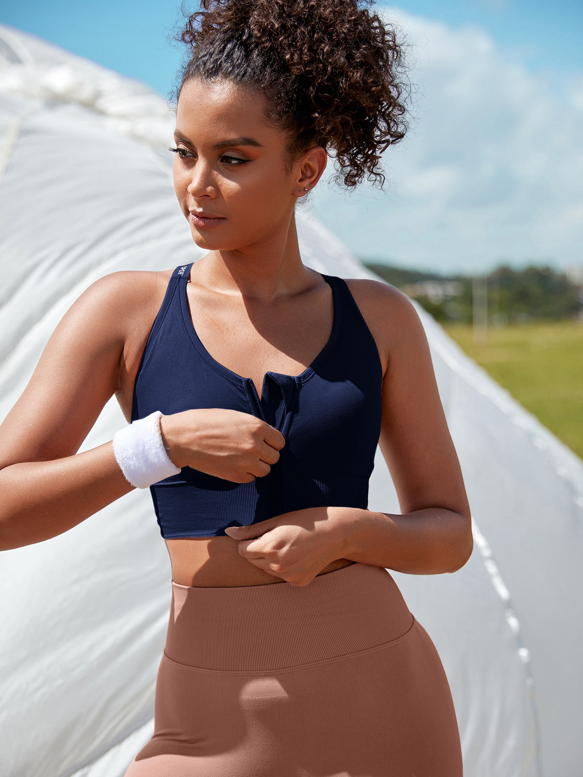 Letter Graphic Zip Front High Support Sports Bra - Navy Blue / XL