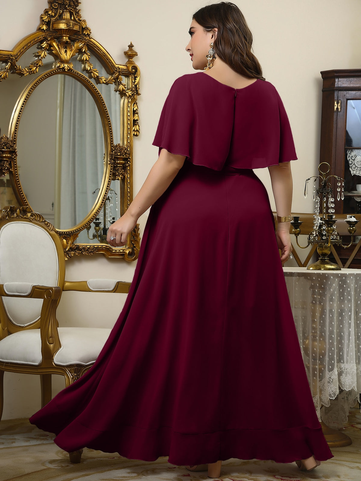 Plus Wrap Chiffon Dress with Self Tie Ruffle