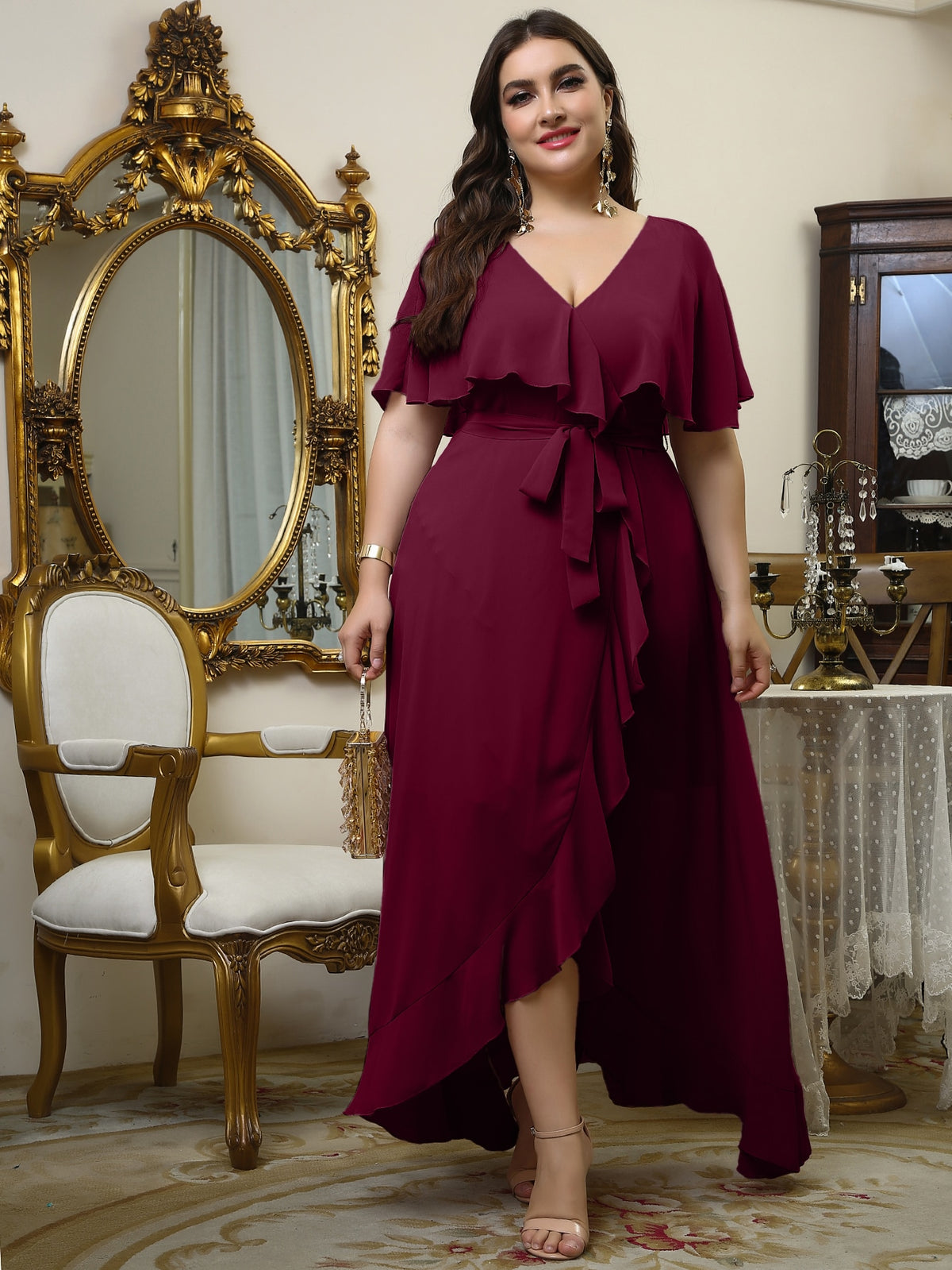 Plus Wrap Chiffon Dress with Self Tie Ruffle