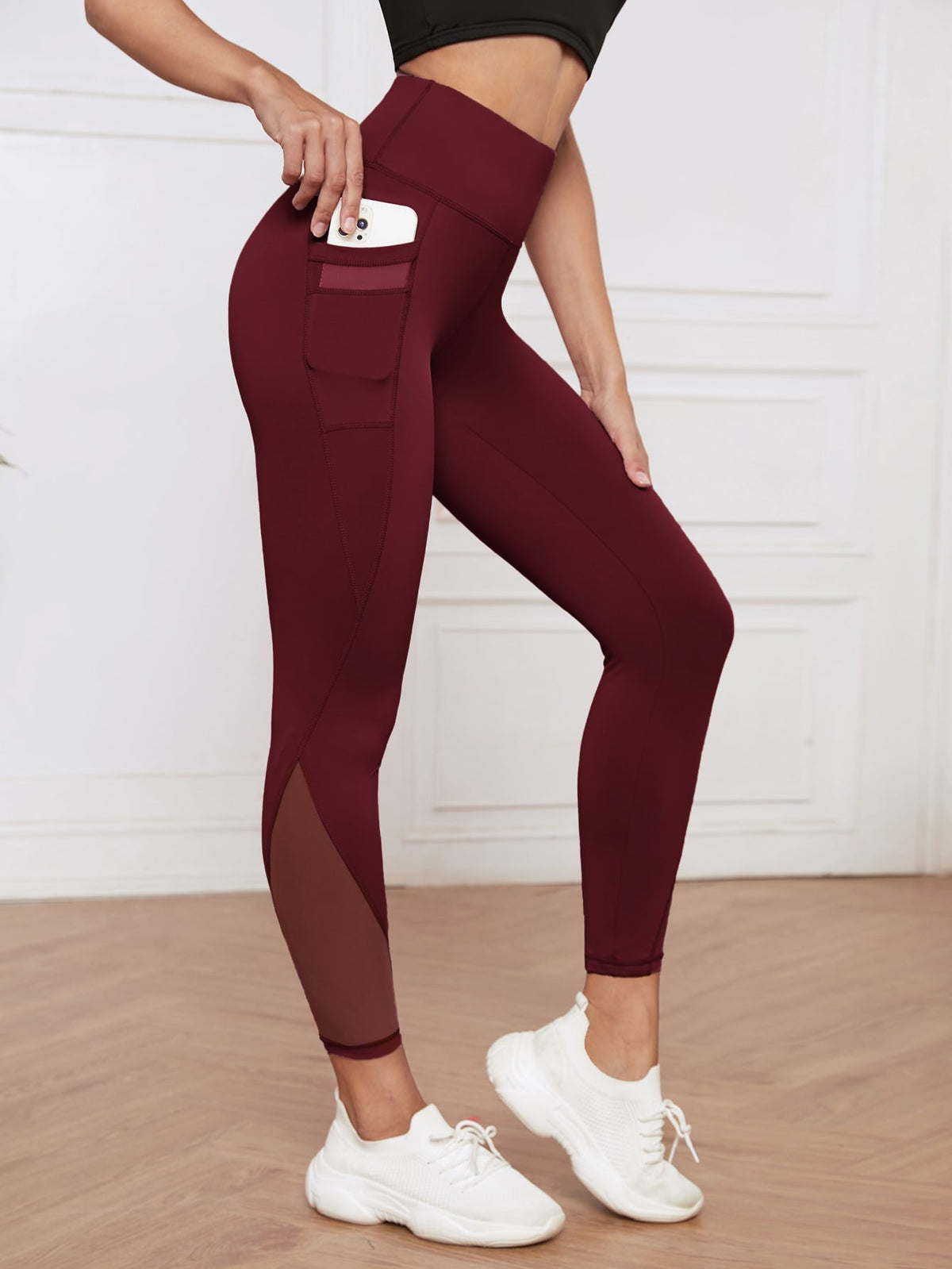 Mesh Panels Sports Leggings With Phone Pocket - Burgundy / XL