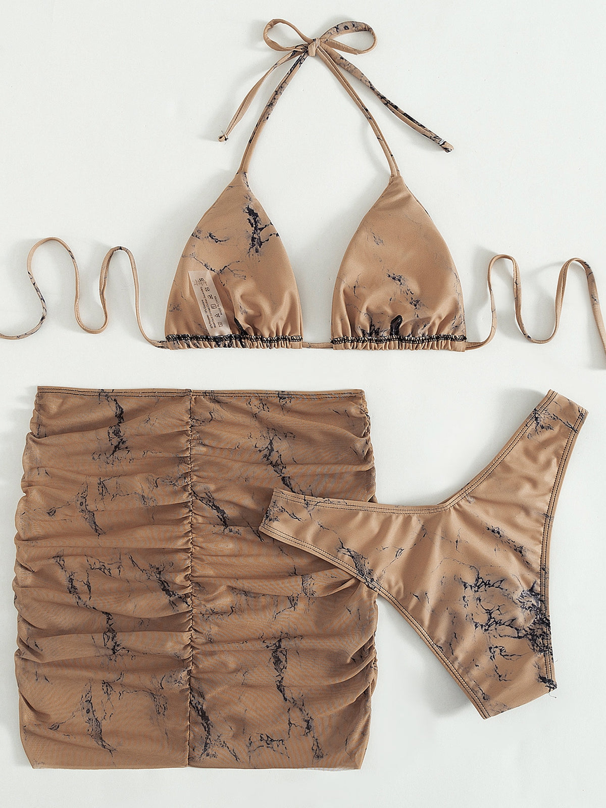 Halter Bikini Swimsuit With Beach Skirt in Marble Print