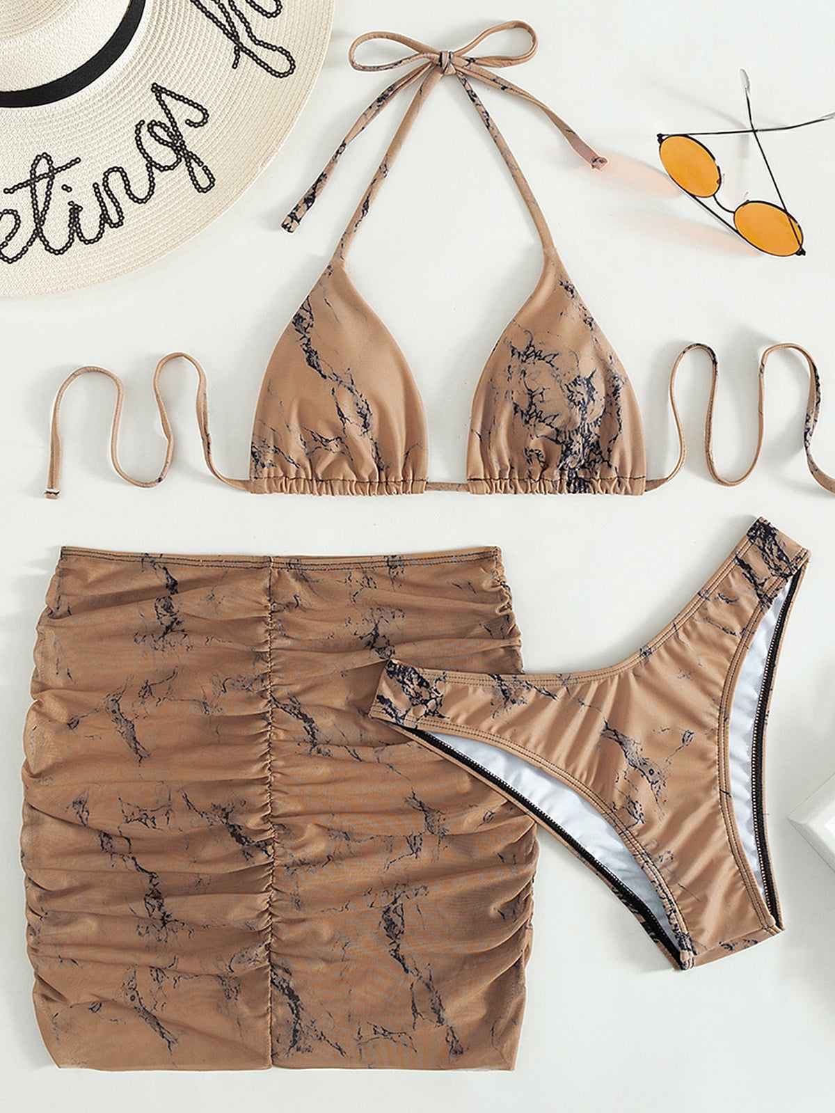 3 Piece Bikini Swimsuit with Beach Skirt in Marble Print
