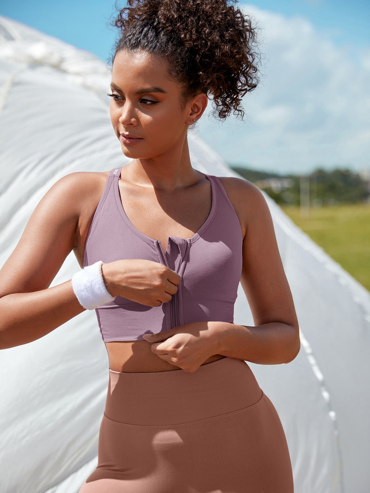 Letter Graphic Zip Front High Support Sports Bra - Mauve Purple / XL