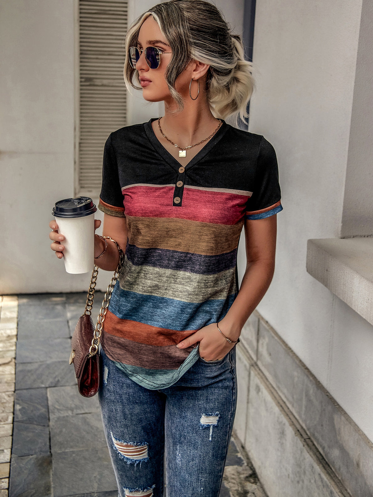 Stripe Button Accent Tee - Dark Brown / XL