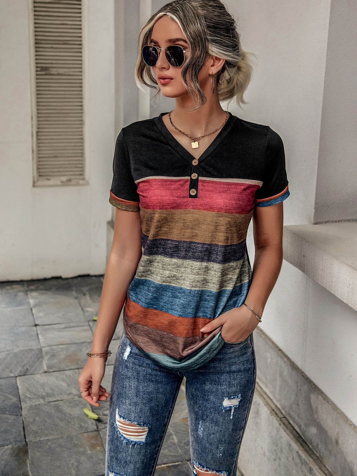 Stripe Button Accent Tee -