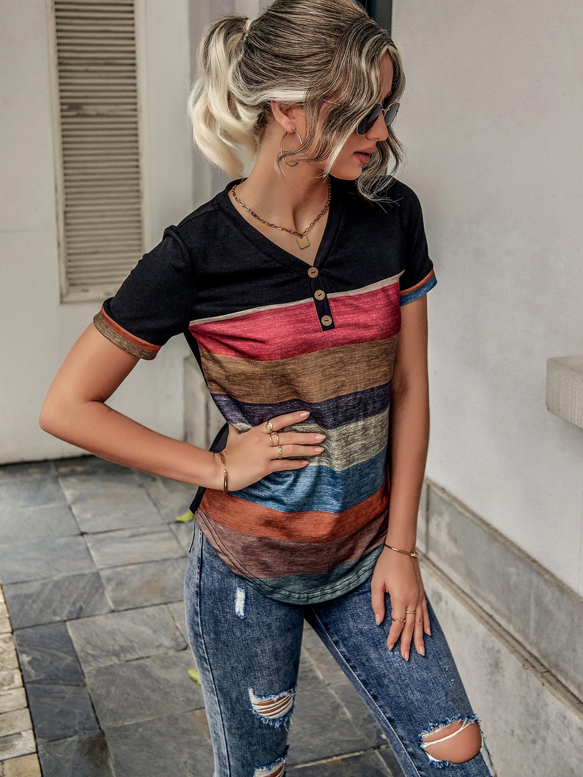 Stripe Button Accent Tee -
