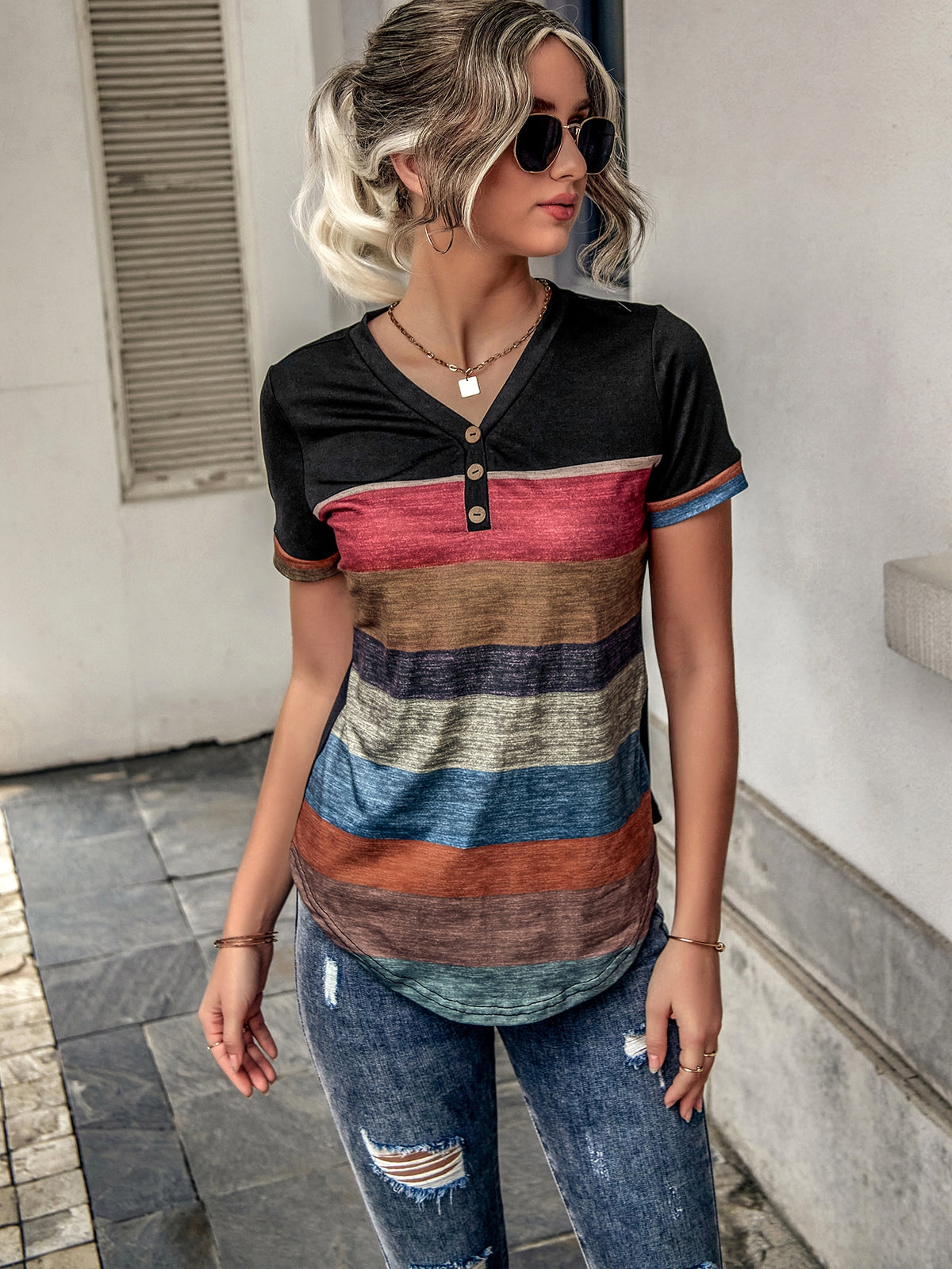 Stripe Button Accent Tee -
