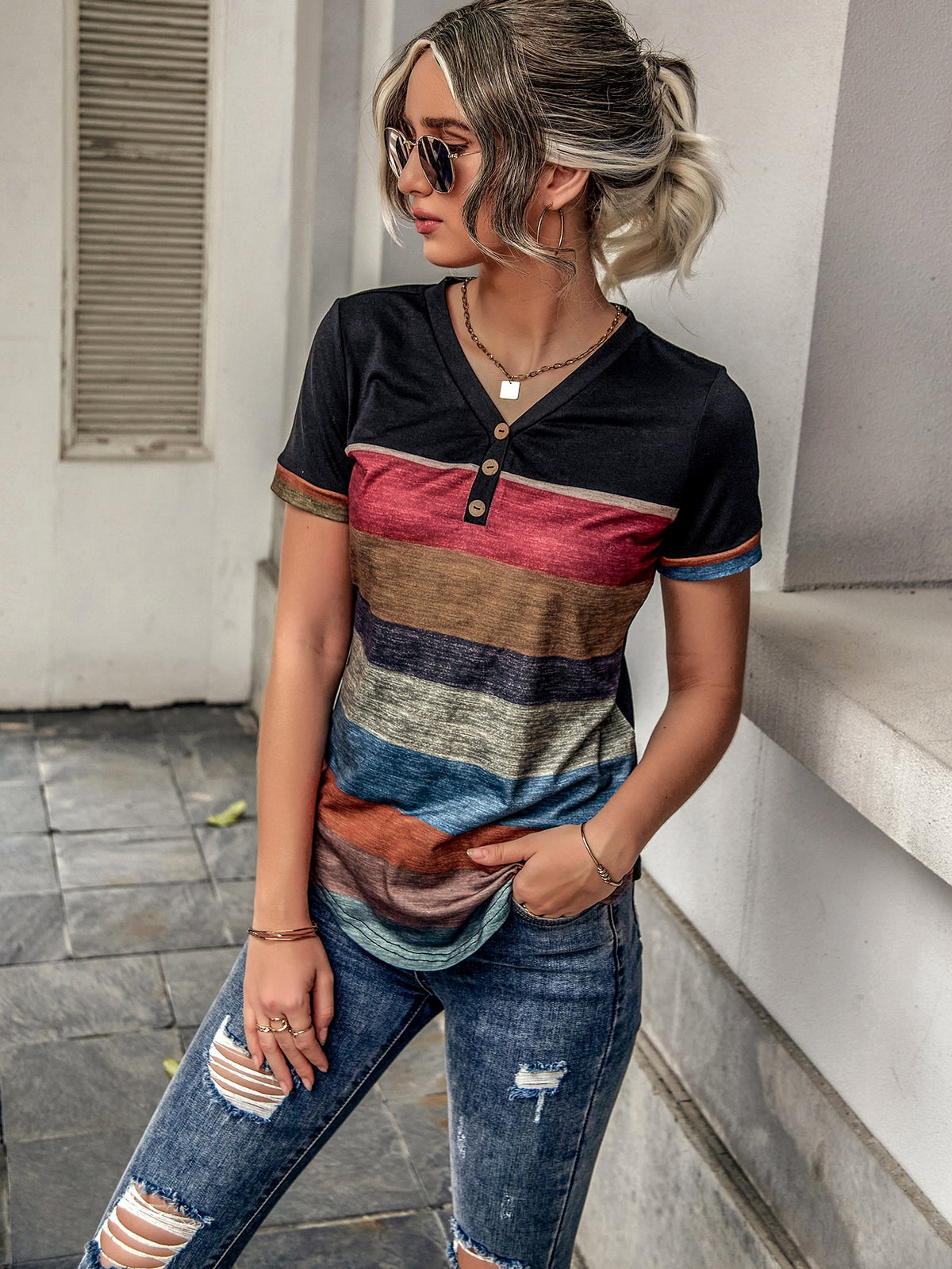 Stripe Button Accent Tee -