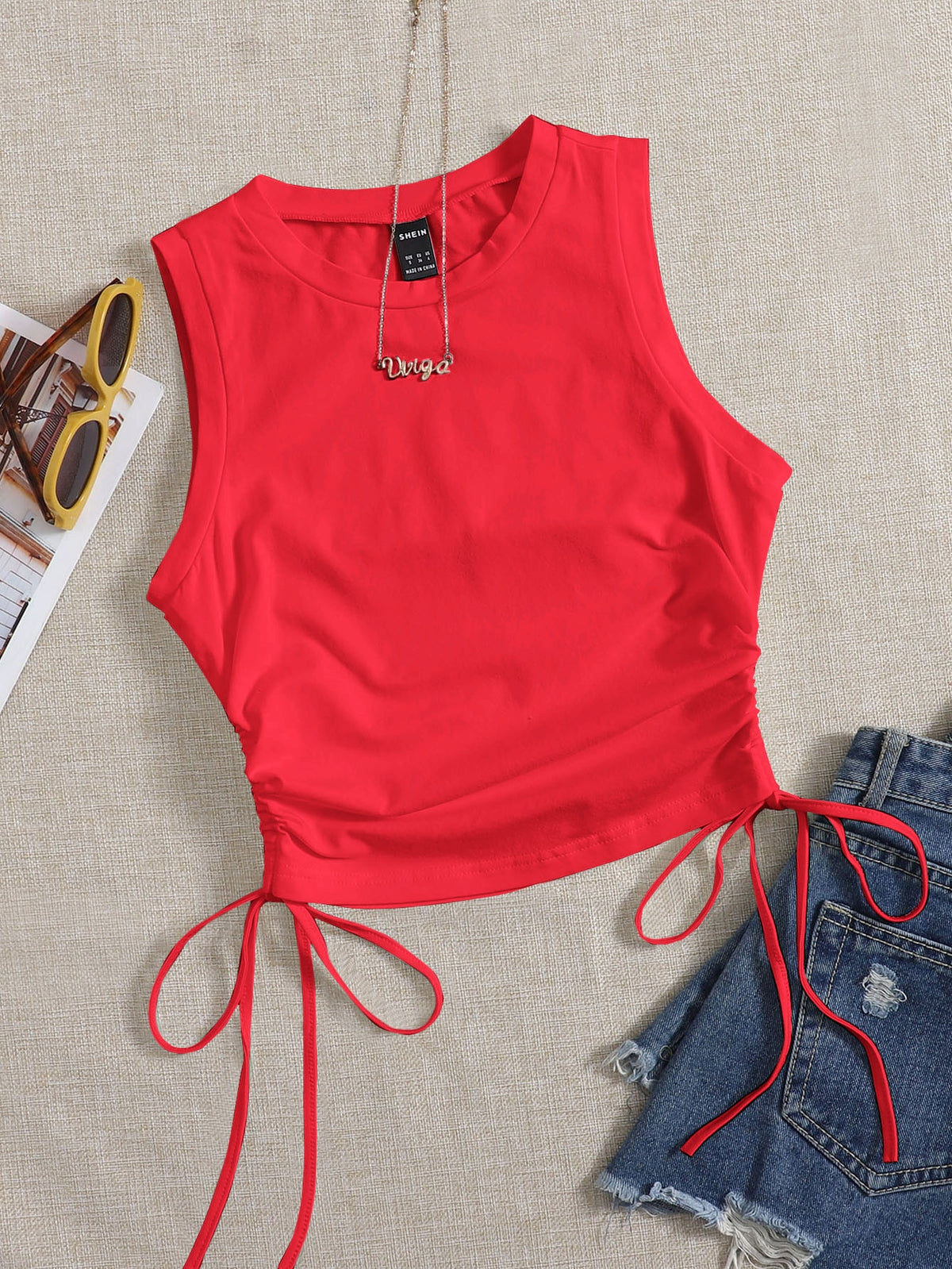 Crop Tank Top with Drawstring Side -