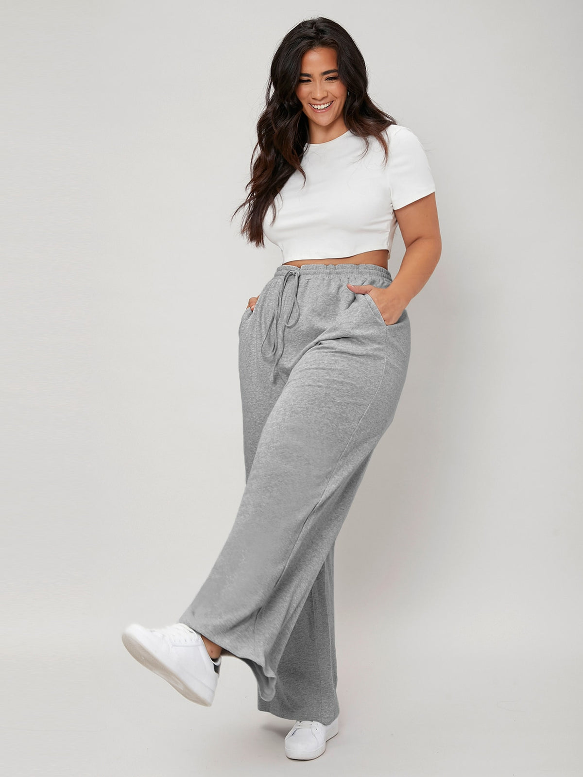 Plus Cotton Wide Leg Sweatpants with Drawstring Waist