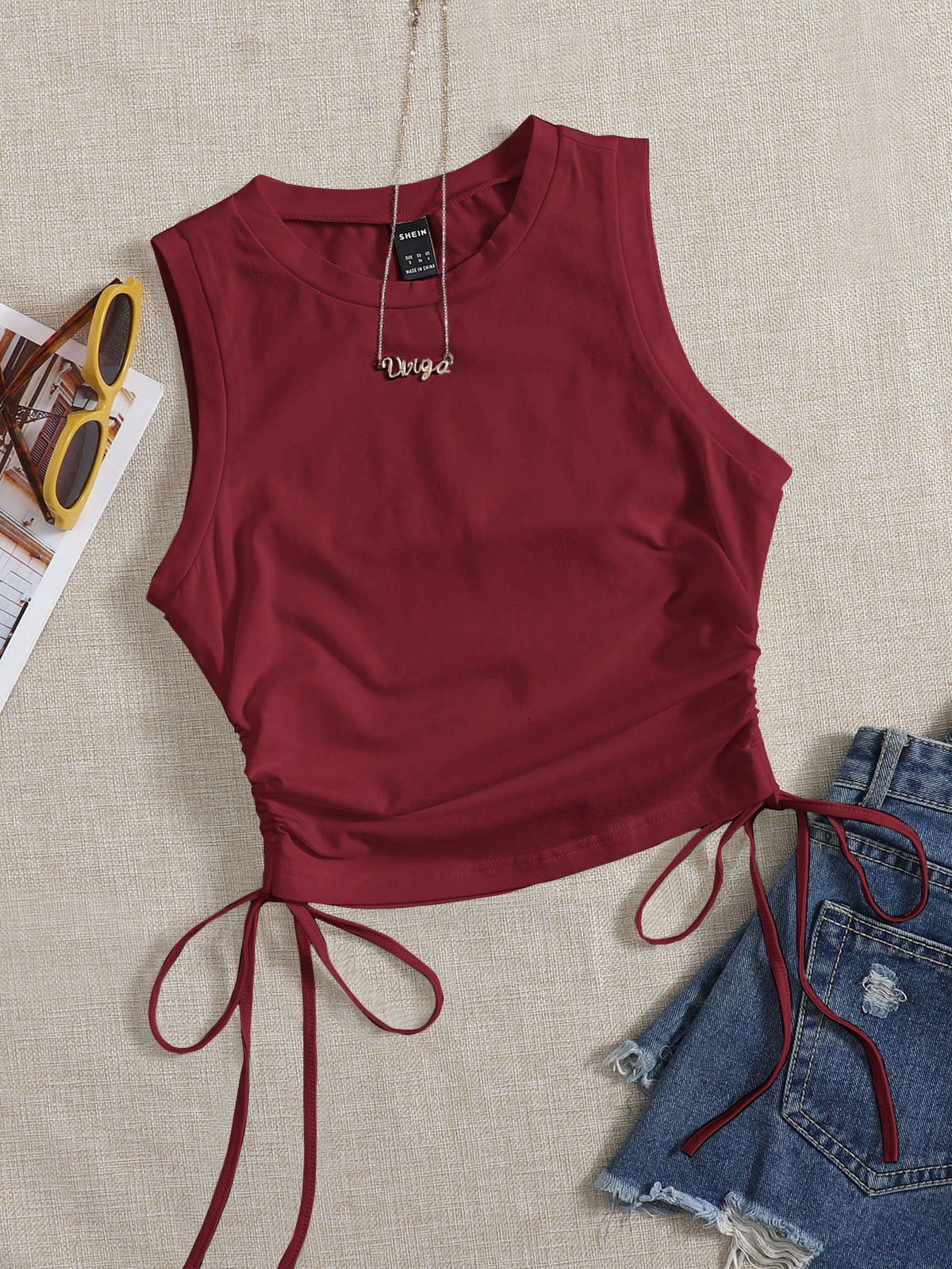 Crop Tank Top with Drawstring Side -