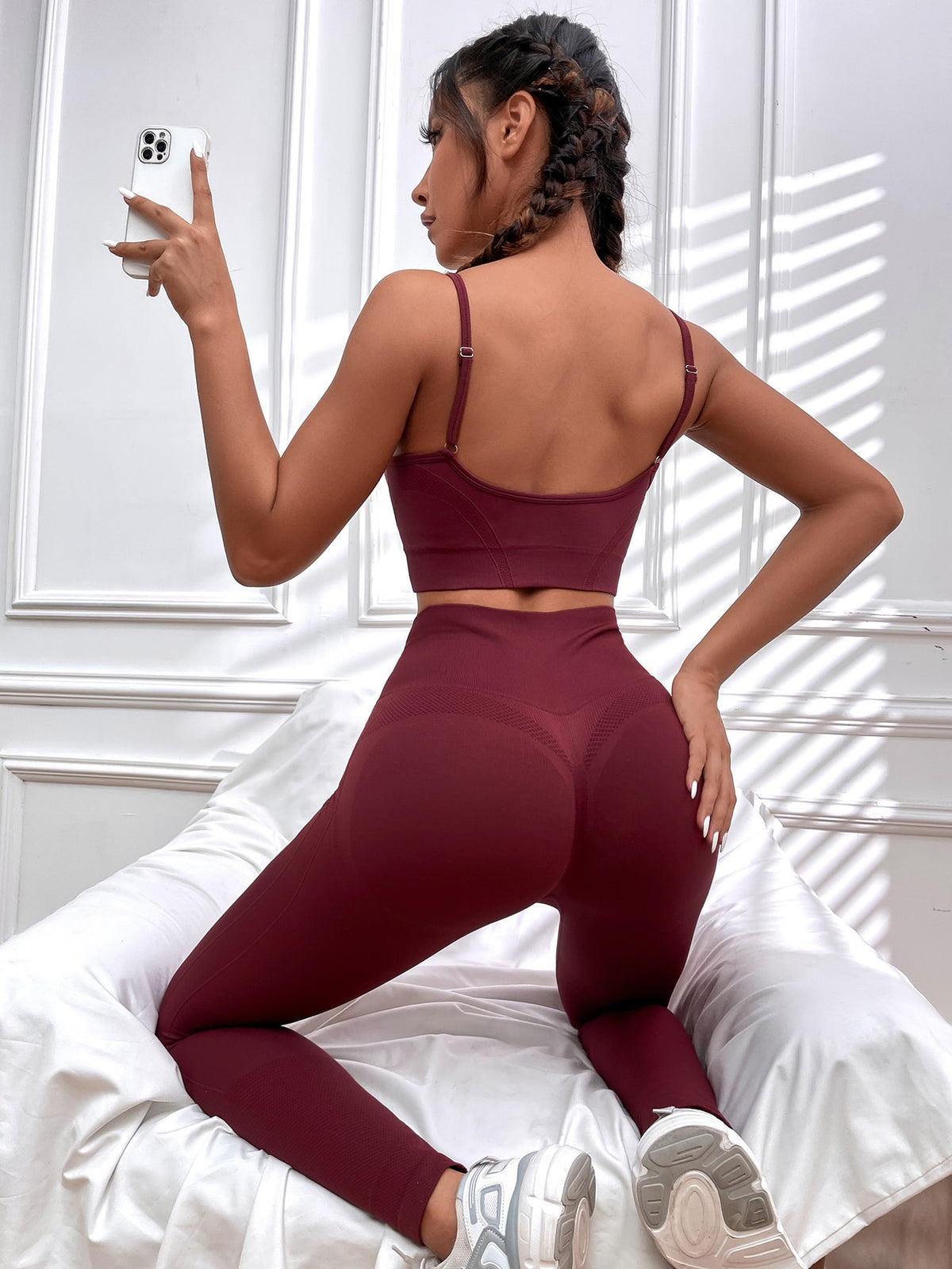 High Stretch Seamless Sports Bra & Leggings Set - Burgundy / L