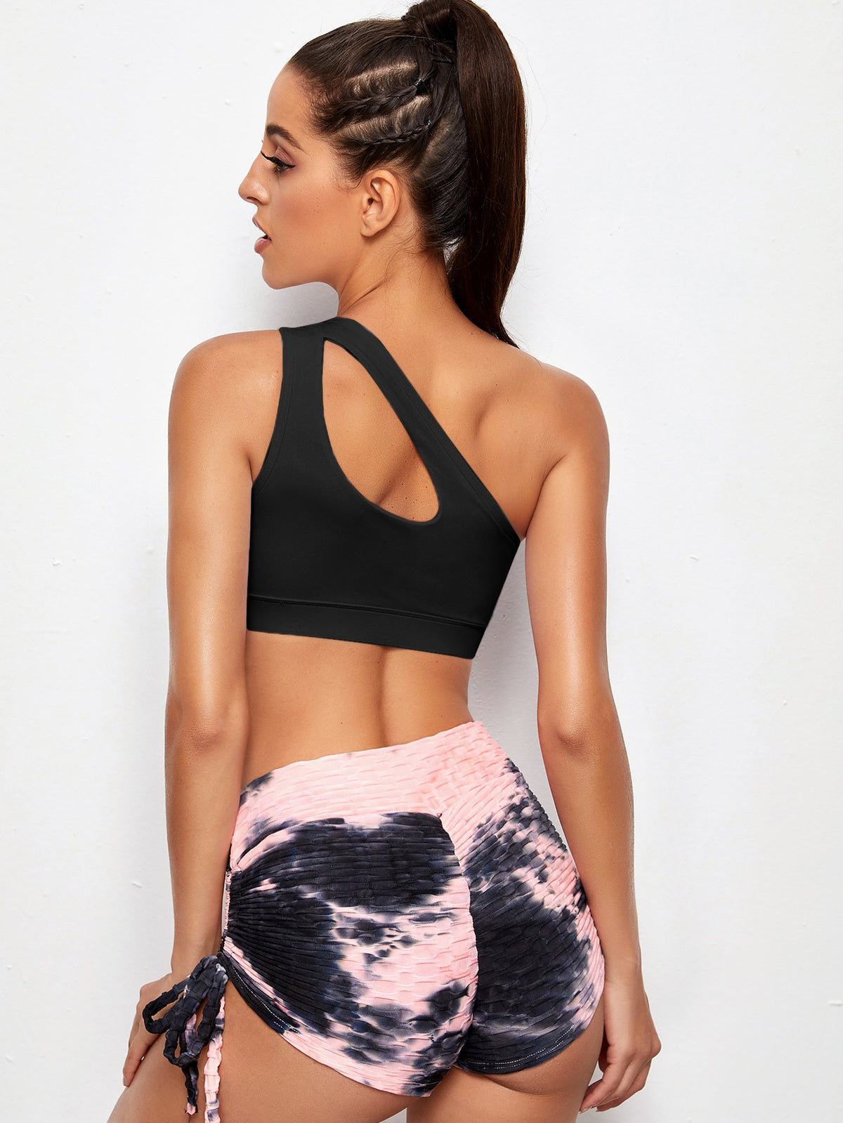 One Shoulder Medium Support Solid Back Sports Bra -