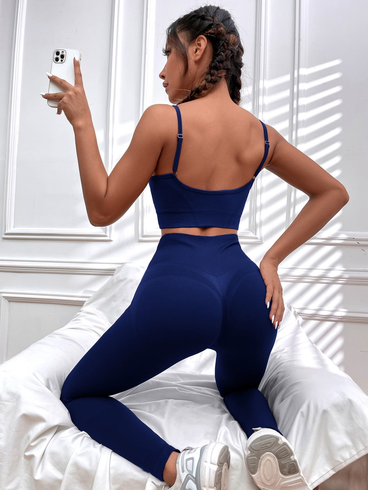 High Stretch Seamless Sports Bra & Leggings Set - Navy Blue / L