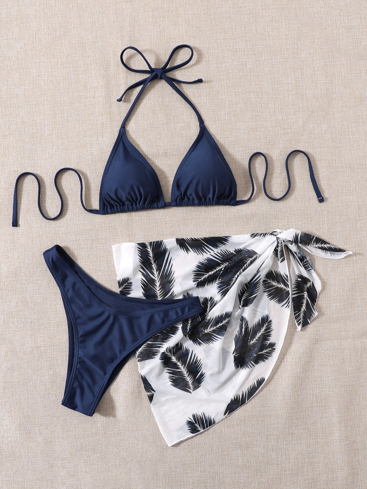 3 Piece Halter Bikini Swimsuit With Palm Print Beach Skirt