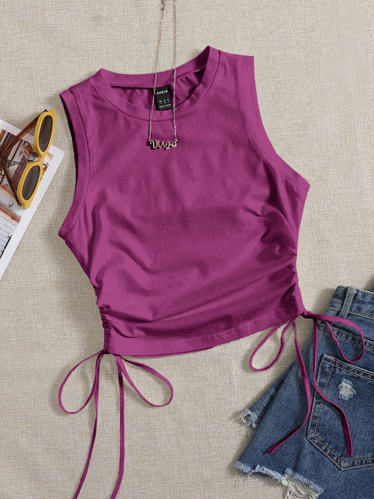 Crop Tank Top with Drawstring Side -