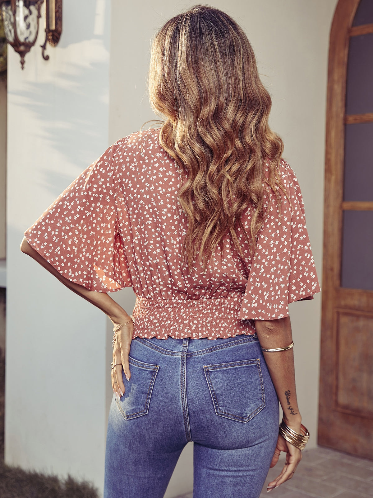 Floral Blouse with Butterfly Sleeve -