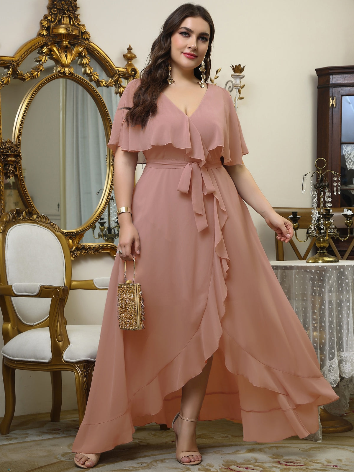 Plus Wrap Chiffon Dress with Self Tie Ruffle